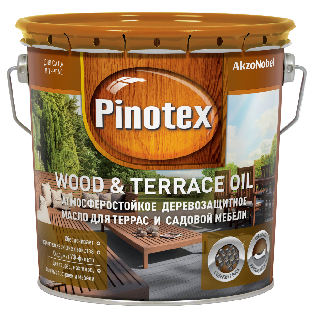 Pinotex Wood&Terrace Oil купить в Вологде по цене от 1090.00 руб.  Пинотекс Вуд колеруемое деревозащитное масло для террас и садовой мебели. в  интернет-магазине красок КраскиНаДом.